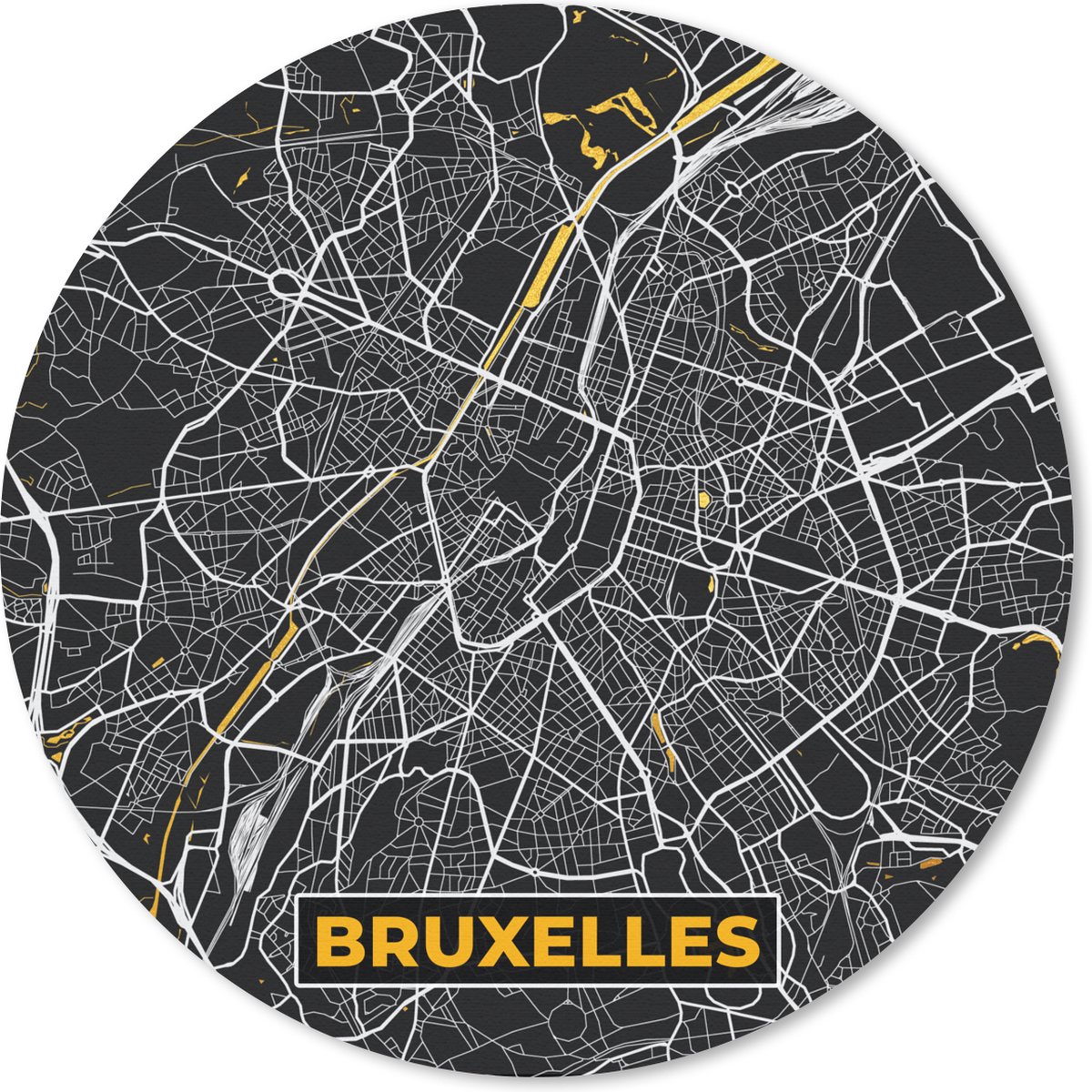 Muismat rond 50x50 cm - Mousepad Brussel - Goud - Stadskaart - Plattegrond - Kaart - Ronde muismatten - Stadskaart