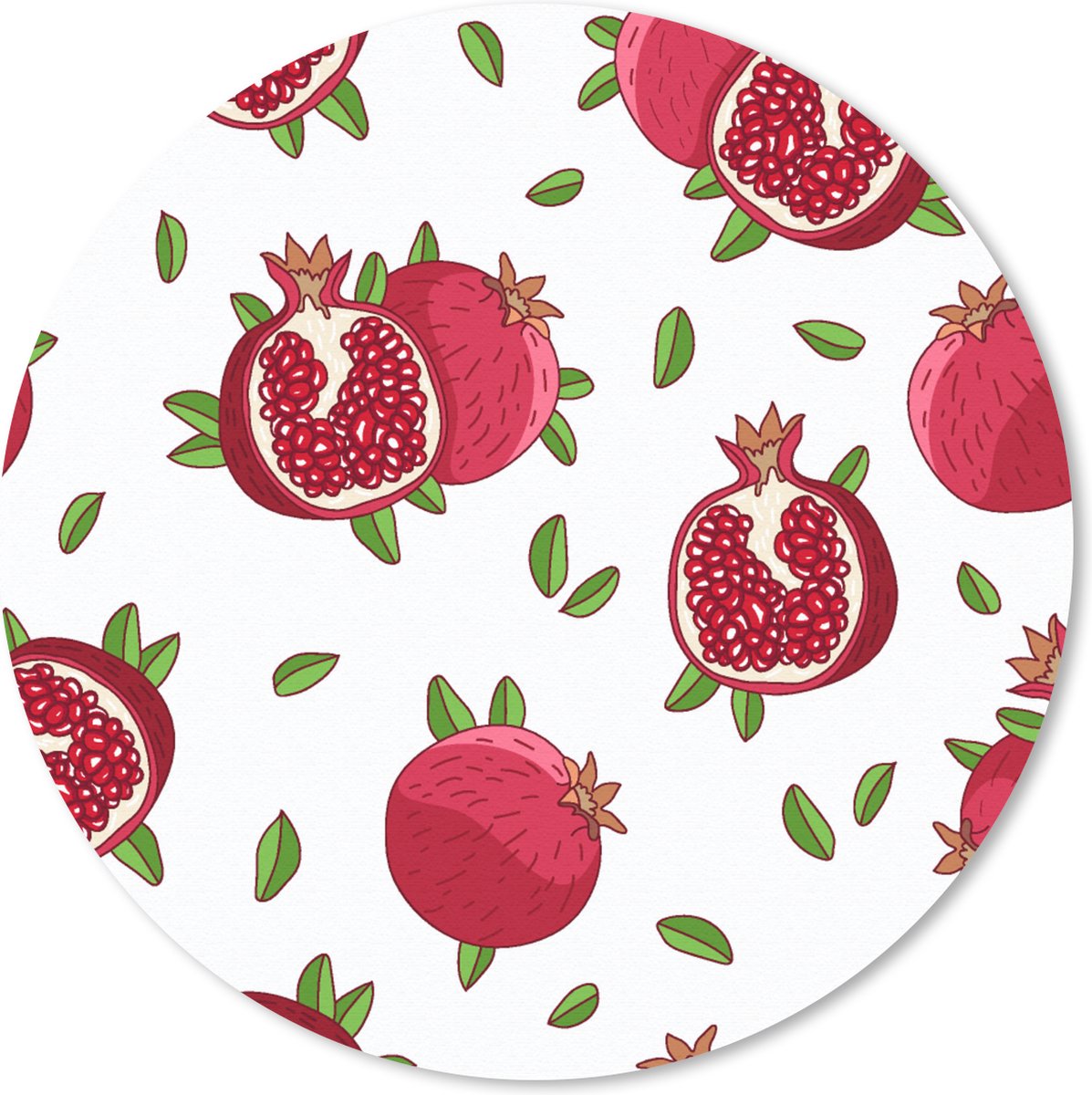 Muismat rond 40x40 cm - Mousepad Fruit - Bladeren - Patroon - Granaatappel - Ronde muismatten