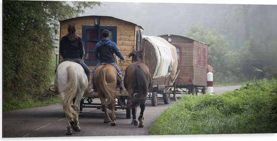 WallClassics - Dibond - Ouderwetse Caravan met Paard en Wagen - 100x50 cm Foto op Aluminium (Wanddecoratie van metaal)