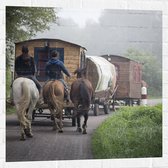 WallClassics - Muursticker - Ouderwetse Caravan met Paard en Wagen - 80x80 cm Foto op Muursticker