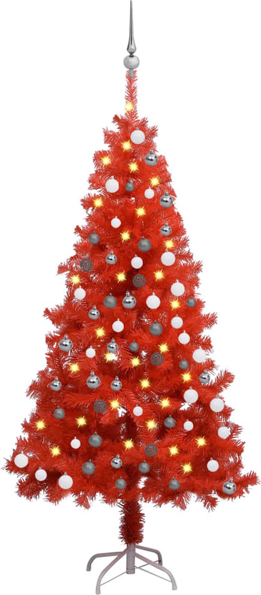 Prolenta Premium - Kunstkerstboom met LED's en kerstballen 150 cm PVC rood