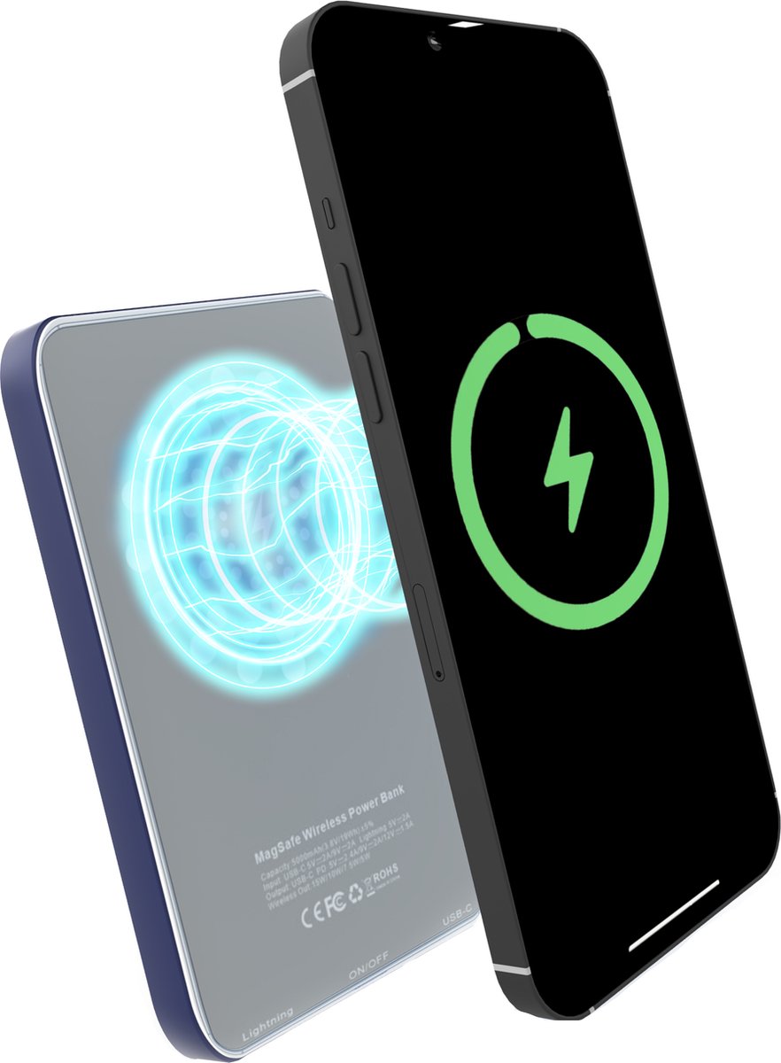 Rhusch Powerbank - 5000mAh - Geschikt voor MagSafe op iPhone 12, 13 & 14 - Blauw - Draadloos Opladen
