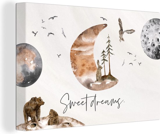 Canvas - Bosdieren - Dromen - Sweet dreams - Quotes - Kinderen - Waterverf - Canvas schilderij - 30x20 cm - Kinderkamer
