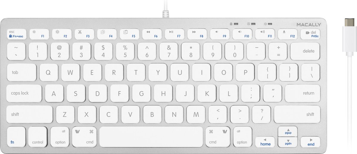 Macally UCSLIMKEYCA Compact bedraad USB-C toetsenbord voor Apple Mac en iPad - Wit/Zilverkleurig - US Engels (QWERTY) layout