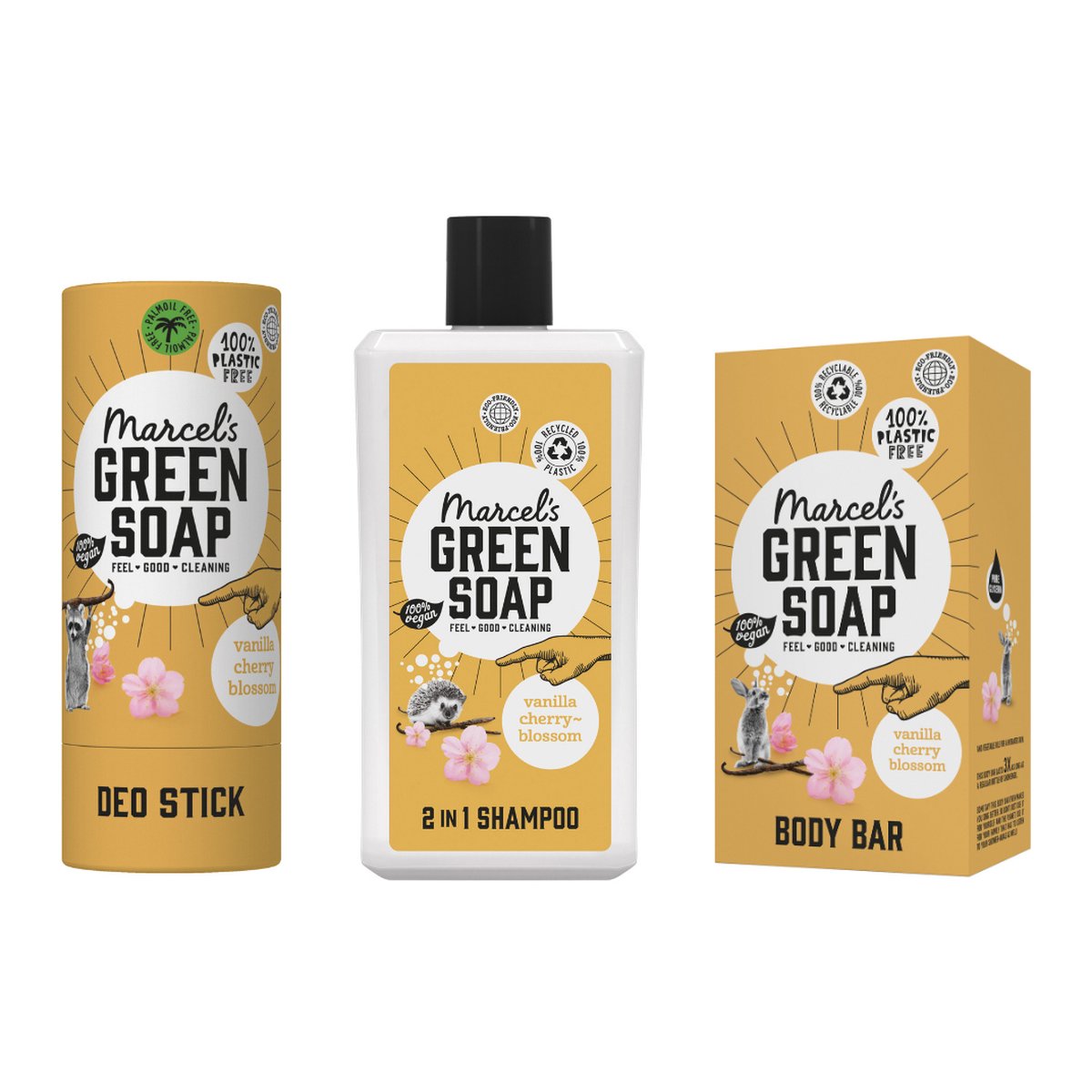 Marcel's Green Soap - Fris & Fruitig Pakket (Vanille & Kersenbloesem) / Geschenkset / Cadeau / Shampoo / Douchegel / Deodorant / Badkamer / Douche / Hygiene / Uiterlijk / Verzorging / Ecologisch / Vegan