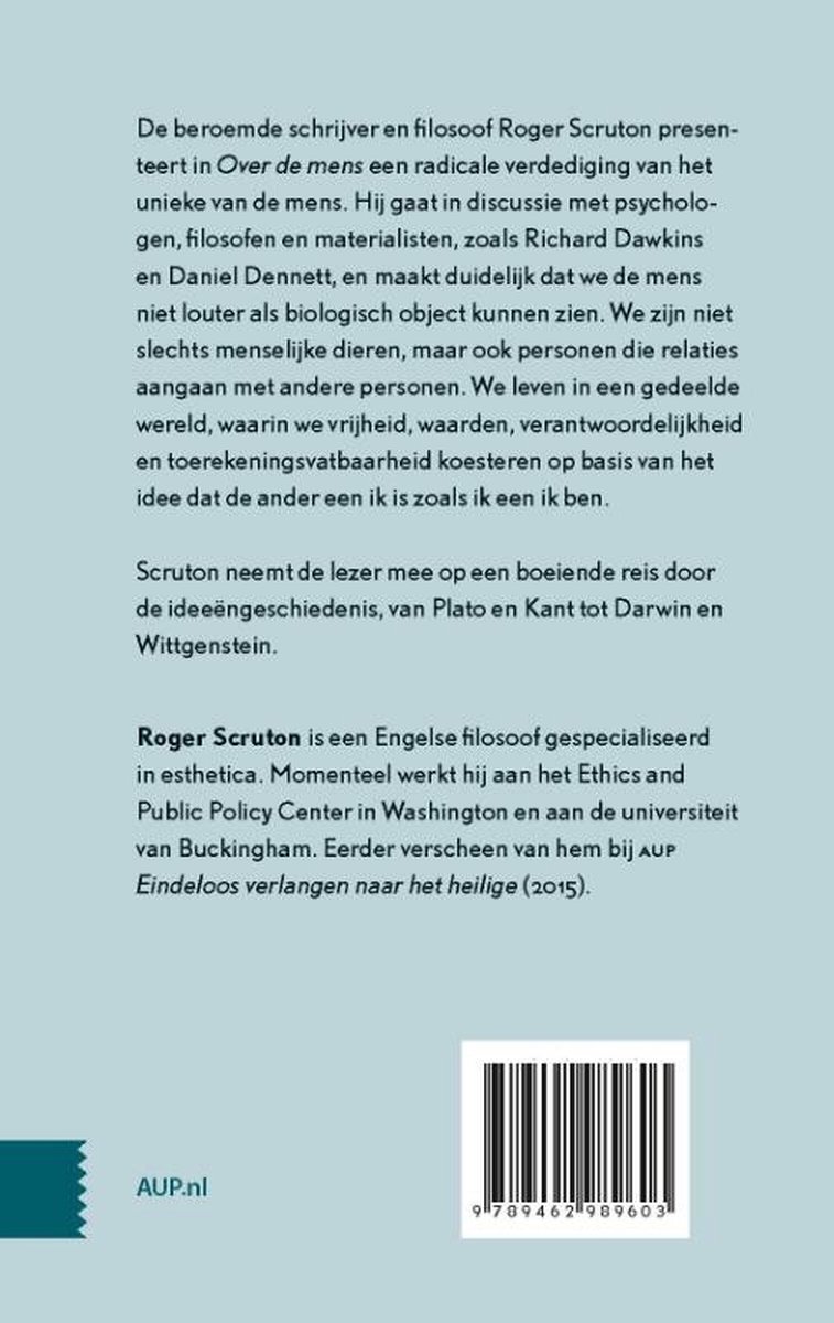 Achterkant van een boek met tekst over Roger Scruton. Barcode onderaan.