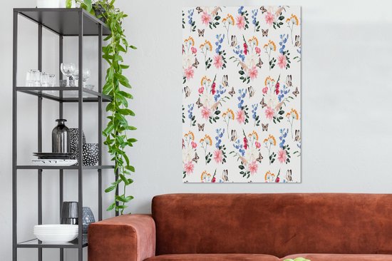 Tableau sur toile Fleurs - Papillons - Collage - 80x120 cm - Décoration murale