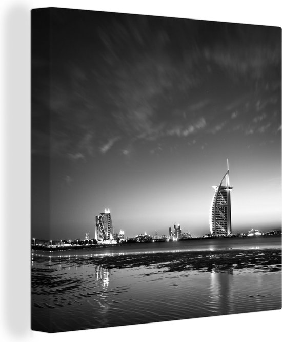 Canvas Schilderij Mooie Burj Al Arab en Jumeirah Beach Hotel bij zonsondergang - zwart wit - 90x90 cm - Wanddecoratie