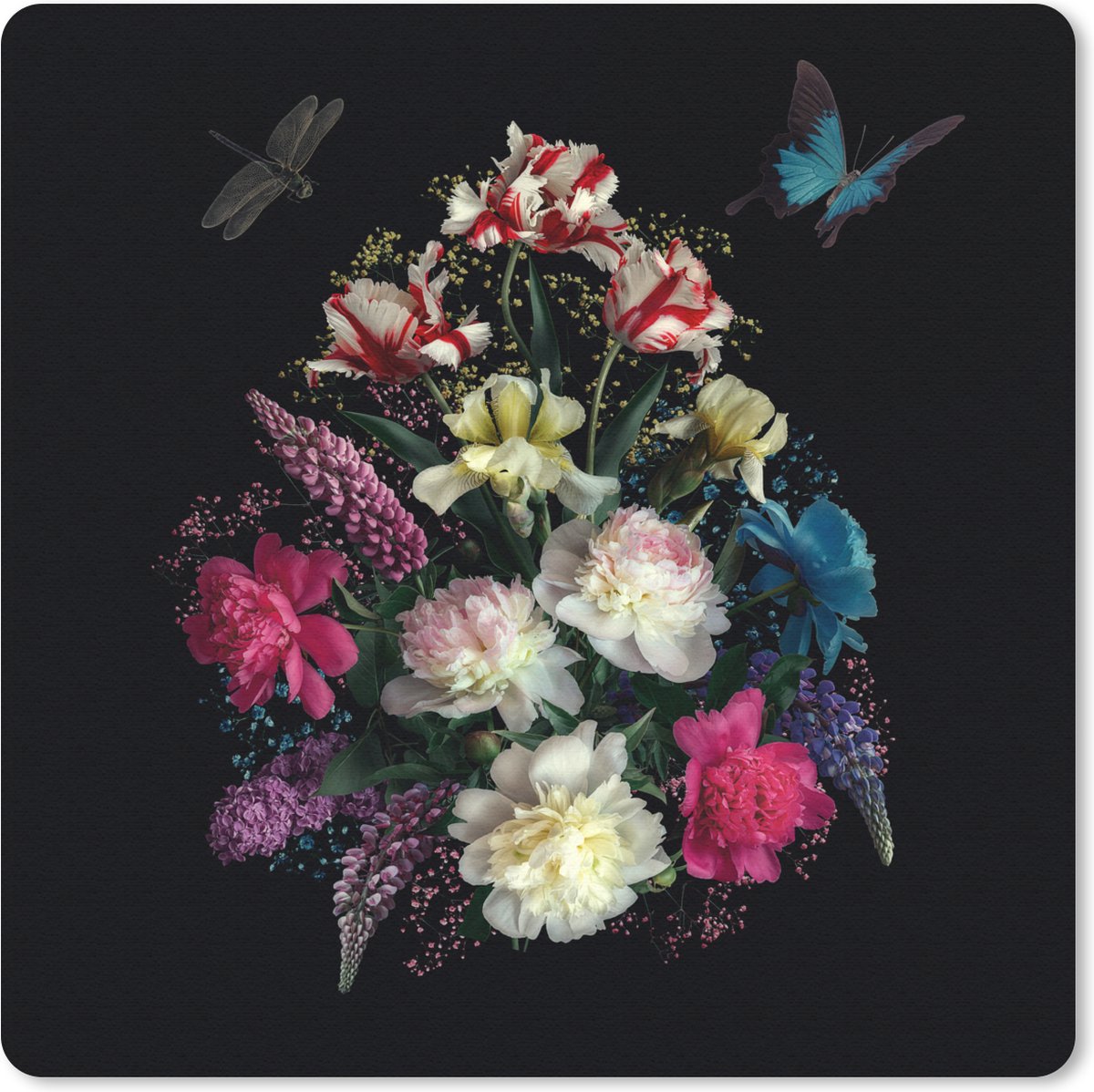 Muismat 20x20 cm - Mousepad Bloemen - Vlinder - Stilleven - Muismatten