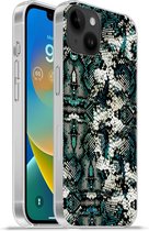 Geschikt voorApple Iphone 14 Plus - Soft case hoesje - Dierenprint - Wit - Turquoise - Siliconen Telefoonhoesje