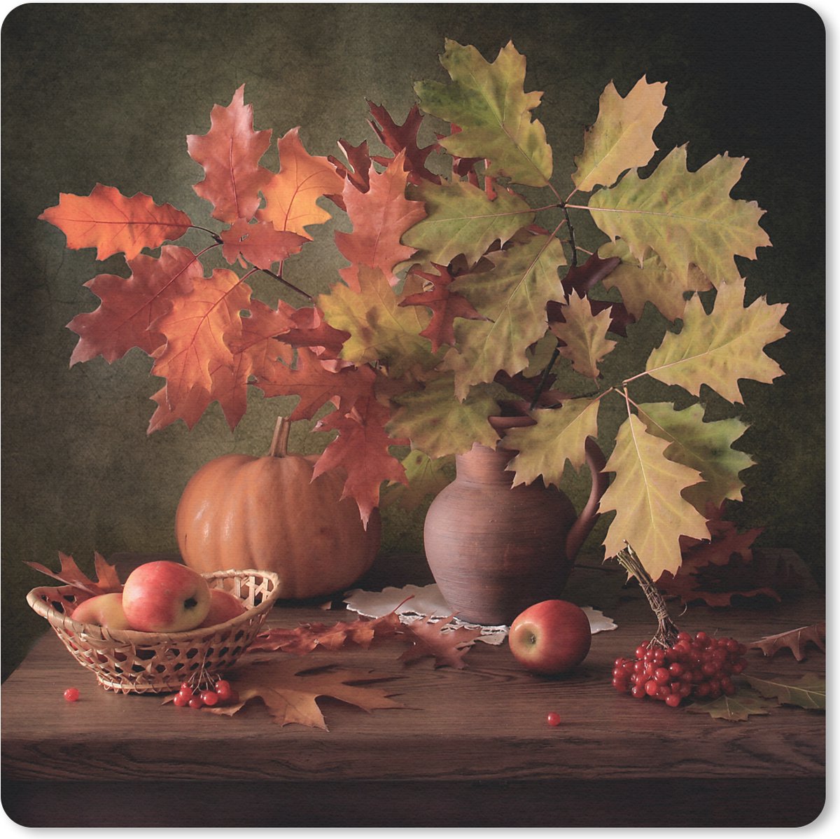 Muismat 30x30 cm - Mousepad Stilleven - Pompoen - Bladeren - Appel - Kersen - Herfst - Muismatten