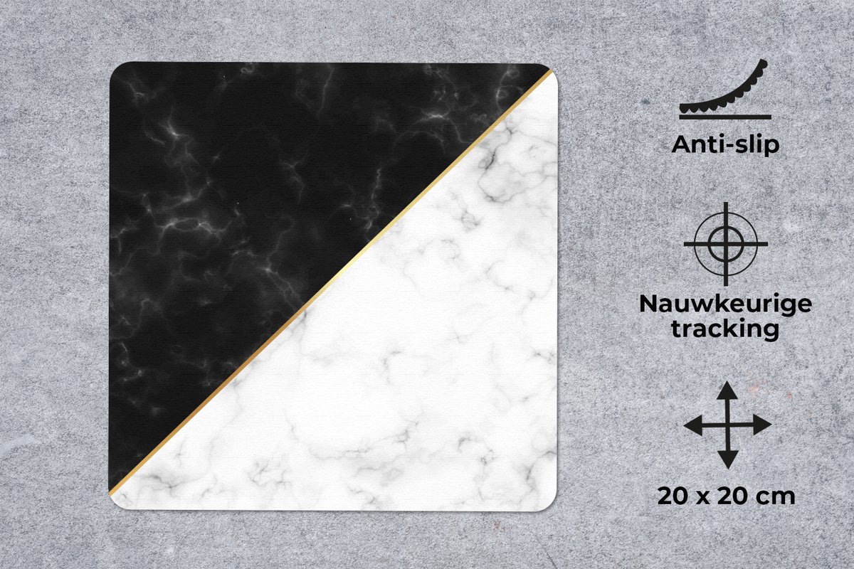 Muismat 20x20 cm - Mousepad Marmer - Wit - Zwart - Goud - Muismatten