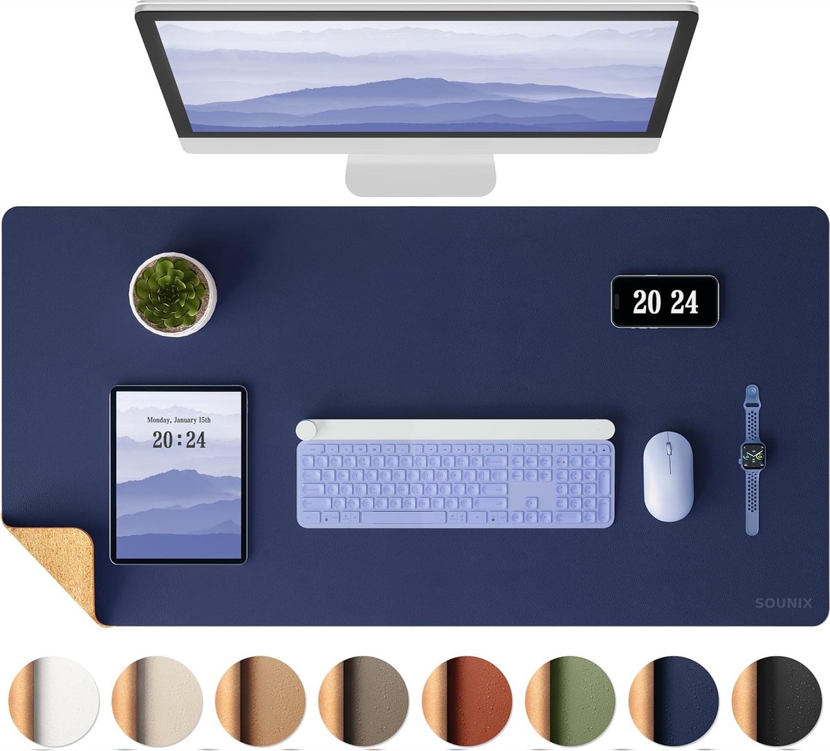 Sounix Dubbelzijdige Bureau Onderlegger - Bureaumat Kunstleer - 90x45 cm - Muismat XXL - Onderleggers - Bureau Organizer - Blauw