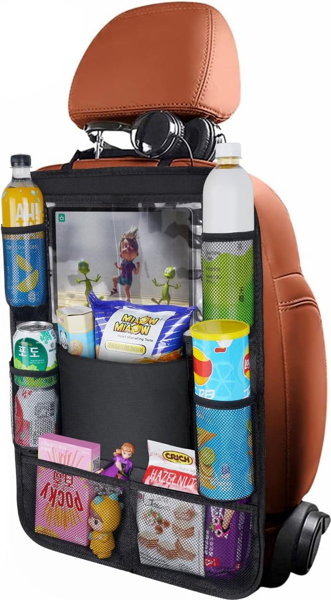 Autostoel organizer (1stuk) zwart - met waterdichte Oxford-stof auto achterbank organizer voor kinderen - met aanraakbare tablethouder 8 mesh-vakken, Waterproof/easy to clean - geschikt voor het opbergen van spullen/kinderspeelgoed (16x24 inch)