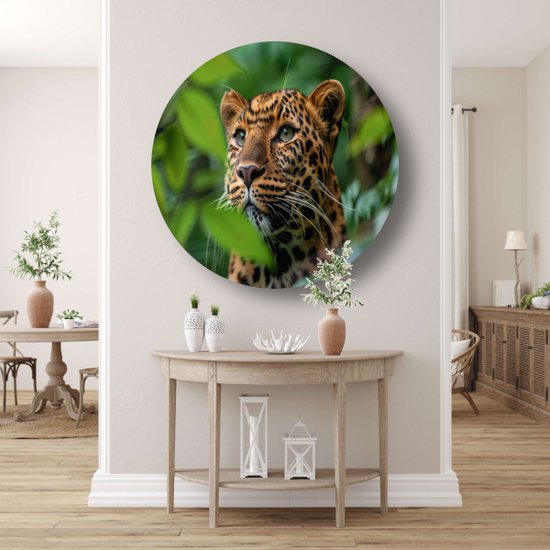 Assiette murale Léopard - Tableau rond Animaux - Cercle mural Feuilles - Décoration murale moderne - Tableau - Décoration murale cercle mural aluminium 60x60 cm