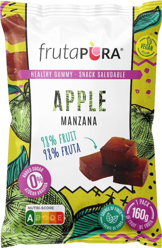 FrutaPura Apple | Appel | Healthy Gummy | Fruit Snack | Vegan, bron van vezels, gezond | 9 x 32 gram