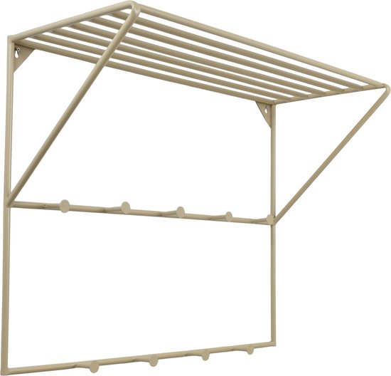 Beige metalen kapstok met bovenrek en 9 haken.