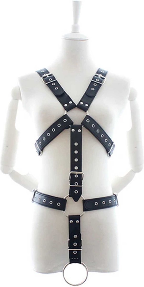 Goedkoopste Verstelbare lederen bondage harnas heren - Full body - Penis ring - One size - Gespen - BDSM outfit - Hoogwaardig leder