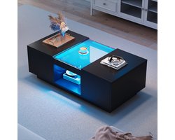 Sweiko Zwarte Salontafel 100x50x35.5 cm, met Glazen Paneel, LED verlichting, App control, 2 Lades en 1-Open Compartiment