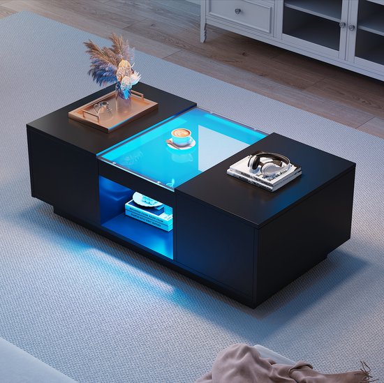 Table basse Sweiko noire 100x50x35,5 cm, avec panneau en Verres , éclairage LED , contrôle par application, 2 tiroirs et 1 compartiment ouvert