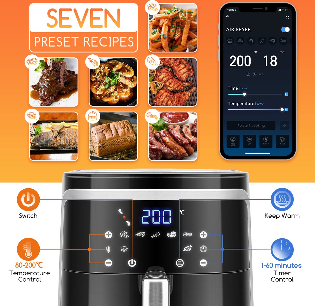 Afbeelding 2 van Aigostar Cube Smart - Airfryer XXL - Heteluchtfriteuse - 7 Liter - App Connect - 1900W - 360 Graden Hete Lucht Circulatie - 7 in 1 kookfuncties - Zwart