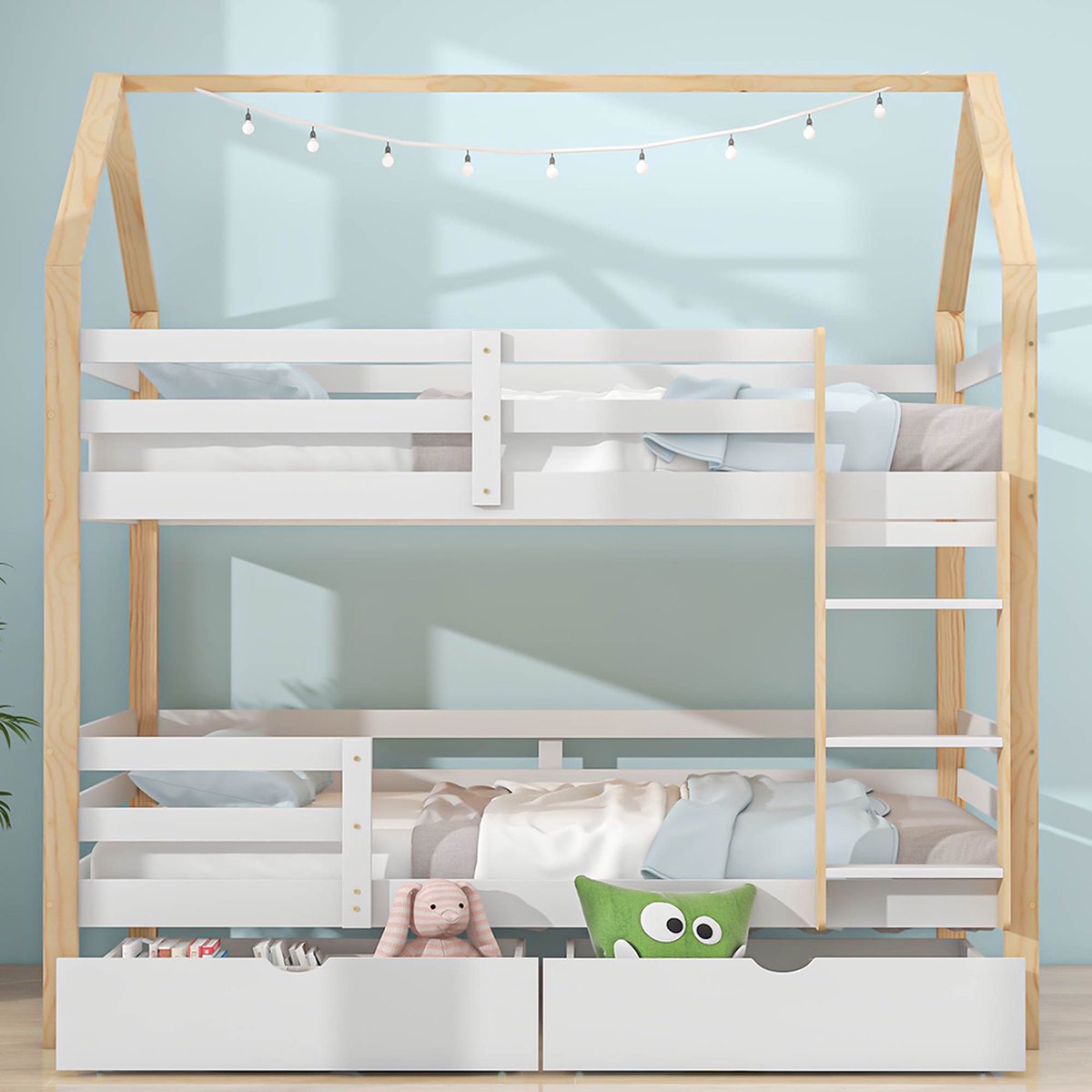 KOMHTOM Stapelbed 90x200 cm kinderbed in de vorm van een huisje met grote laden grenen Wit