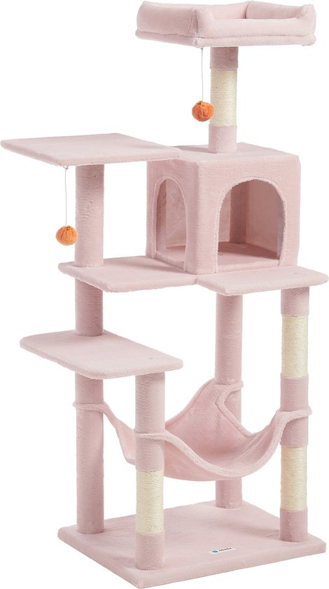 Roze kattenkrabpaal met meerdere platforms, huisje, hangmat en speelgoedpompons.