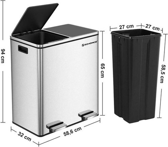 Soph & Tess Prullenbak Afvalscheiding - Vuilnisbak 60L (2x 30L) - Pedaalemmer - 59 x 65 x 32 cm - Zwart