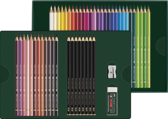 Set met 40 Faber-Castell Polychromos potloden en 8 Pitt Graphite Matt potloden, met potlood, puntenslijper en gum.