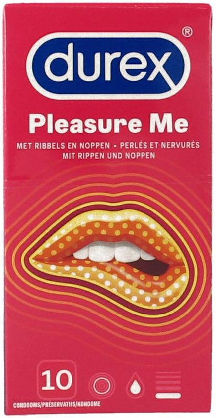 Durex Pleasure Me verpakking met rode achtergrond, "durex", "Pleasure Me" en afbeelding van gestileerde lippen.