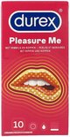 Durex Pleasure Me verpakking met rode achtergrond, "durex", "Pleasure Me" en afbeelding van gestileerde lippen.
