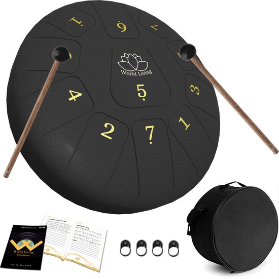 Foto: World living handpan steel tongue drum hand klankschaal incl lesboek beschermtas hangdrum 20 cm 