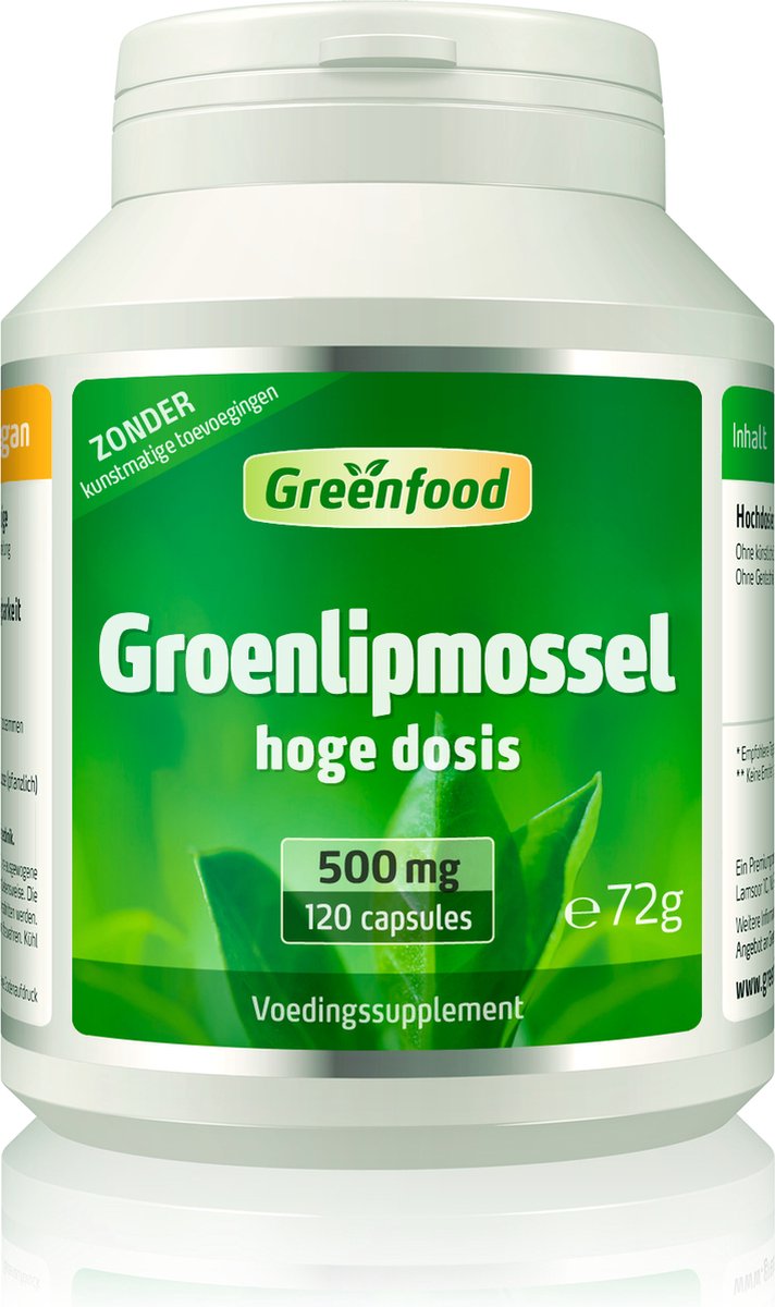 Goedkoopste Greenfood Groenlipmossel, 500 mg, 120 capsules, hoge dosering extract - Zonder kunstmatige toevoegingen. Zonder genetische manipulatie.