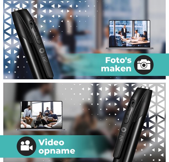 Zwarte pen met camera voor foto's en video-opnames. Vergaderingsruimtes op laptops in de achtergrond. Tekst: 'Foto's maken' en 'Video opname'.