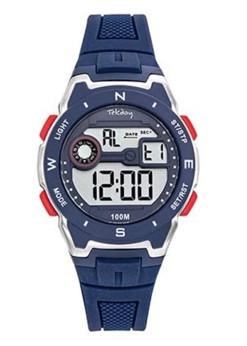 Tekday-Horloge-Digitaal-36MM-Blauw-Rood-Verlichting-Datum aanduiding-Alarm-Stopwatch-Timer-Silicono licht en soepel.