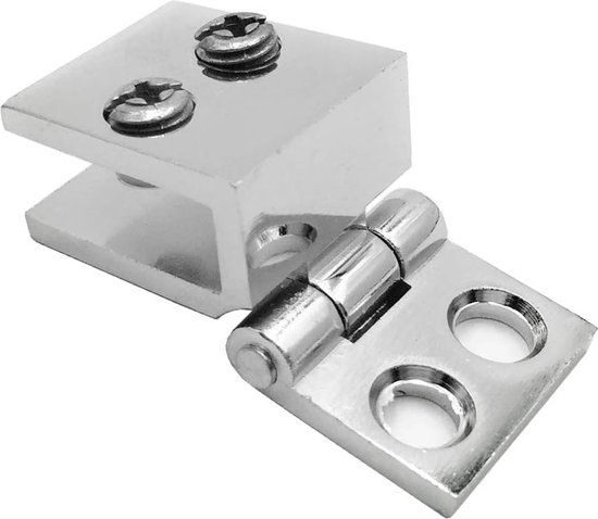 Glanzend metalen scharnier met twee schroeven aan één kant en een scharnier aan de andere kant.