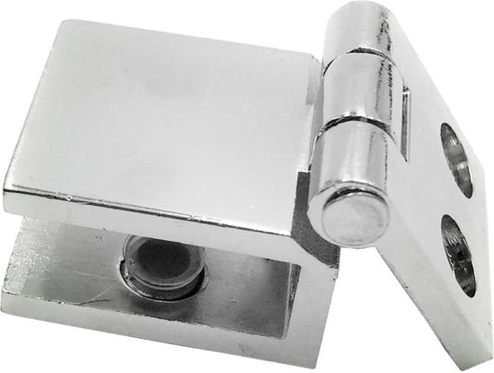 Glanzend metalen scharnier met twee schroeven aan één kant en een scharnier aan de andere kant, met zicht op de bevestiging.