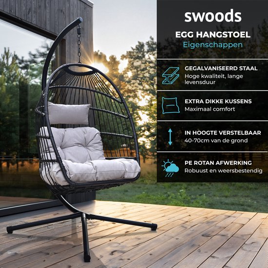 Swoods Egg Hangstoel – Hangstoel met standaard – Egg Chair – tot 150kg – Zwart/Lichtgrijs