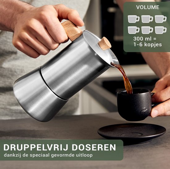Morgenheld FLOW Hoogwaardige espressomachine van roestvrij staal, 6 kopjes, 300 ml, voor inductie, thuis en op de camping, voor alle warmtebronnen, zonder
