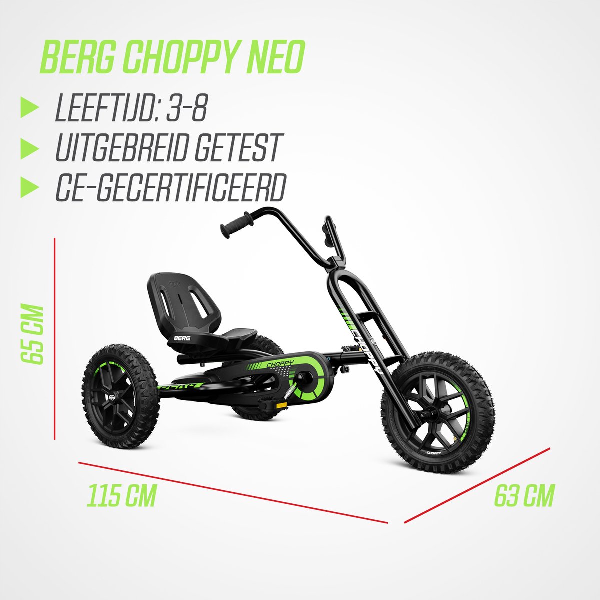 BERG Choppy Neo Skelter - Skelter met 3 wielen - 3+ Jaar - All Terrain Luchtbanden - Triker - Zwart/Groen — afbeelding 5