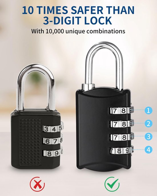 4 stuks hangslot combinatieslot klein 4-cijferig kofferslot met nummercode bagageslot lockerslot voor rugzak gymschool (zwart