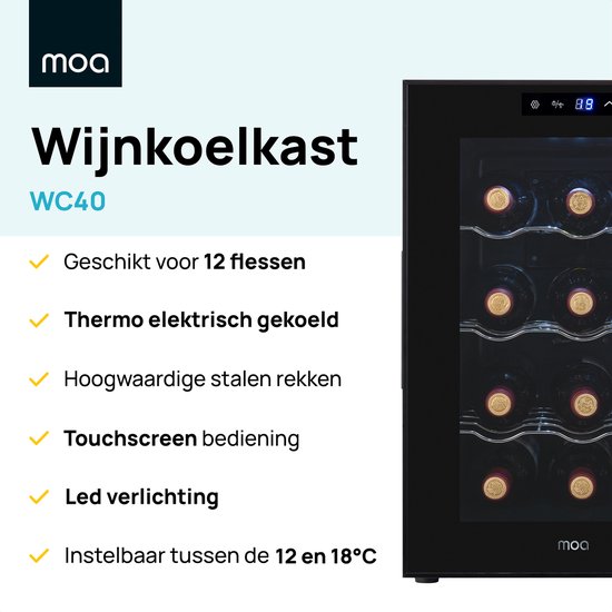 MOA wijnkoelkast, model WC40, zwart, geschikt voor 12 flessen met 4 stalen rekken.