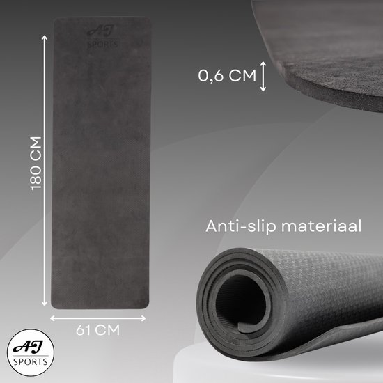 AJ-Sports Yoga mat - Yogamat - Fitness mat Eco friendly - Sport mat - Fitnessmat - Trainingsmat - Inclusief Draagriem - Zwart - Anti slip - Yoga - Pilates - 180 x 61x 0.6 cm van AJ-Sports — afbeelding 4