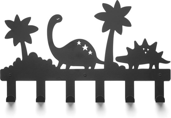 Zwarte kapstok met dinosaurus- en palmboomvormpjes en 6 haken.