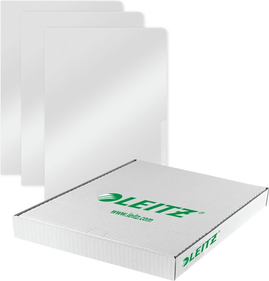 Drie transparante insteekmappen en een witte Leitz doos, met de website www.leitz.com.