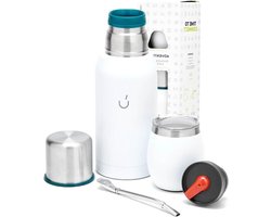 Argentijnse Yerba Mate Set Van 6 - Inclusief Stalen Mate Beker met Deksel - Bombilla en Thermosfles - 2 Mate Schenkstoppers (Pico Cebador) - Witte