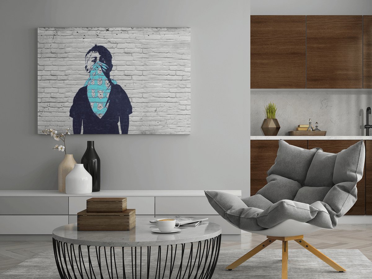 Trendex Global Canvas Schilderij - Banksy - Muur Art - Graffiti - 90x60x2 cm Grijs