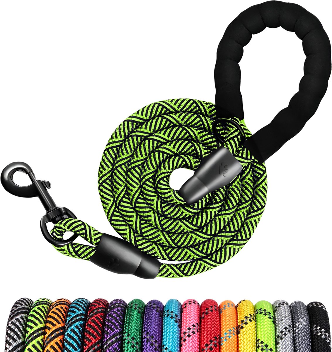 JAXY Hondenriem - Nylon Hondenlijn - Gevoerd Handvat - Robuust Touw - Reflecterende Looplijn Hond - 1,5 M - Groen/Zwart
