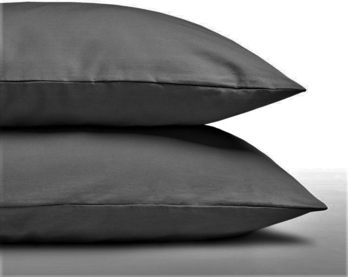 Set van 2 antraciet grijze (donker grijs) kussenslopen (kussensloop / kussen hoes) KATOEN voor standaard hoofdkussen van 60 x 70 cm (uni effen beddengoed)