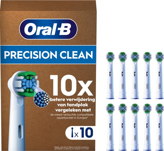 Boîte de 10 brossettes Oral-B Precision Clean, vertes et bleues, avec le texte '10x meilleur retrait de plaque'.